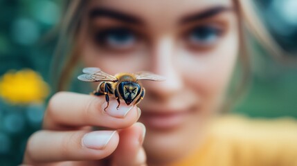 Fototapeta premium A close-up view of a young woman interacting with a bee in a garden during daylight hours