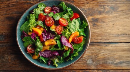 colorful mixed salad on wooden background, promoting ethical eating with space for text ideal for wellness and nutrition content