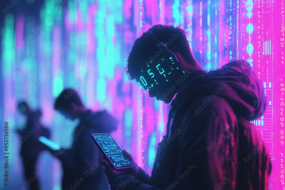 Poster heads bowed, individuals focus on their smartphone screens, surrounded by vibrant digital numbers th