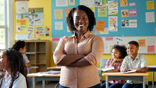Confident African American female teacher standing in colorful elementary classroom with diverse students. Smiling educator with arms crossed, inspiring young learners in school setting