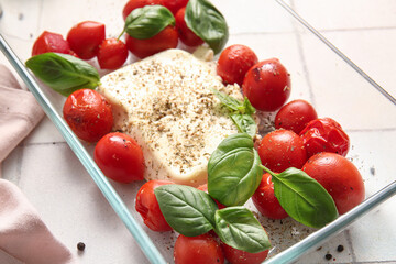 Baking dish with tasty tomatoes and feta cheese on white tile background