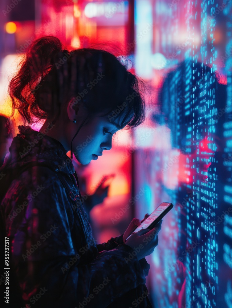 Aufkleber individuals focused on their smartphone screens in a dimly lit urban environment, surrounded by colo