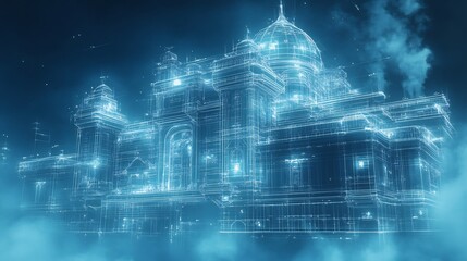 Detailed blueprint of futuristic building with intricate design elements