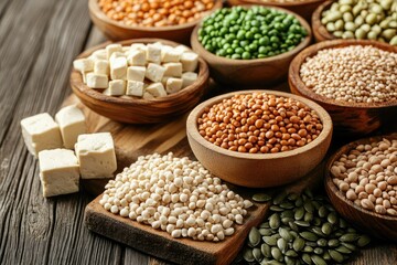 Fototapeta premium Assortment of grains & legumes. Perfect for a blog post about healthy eating or a recipe with various grains & legumes.