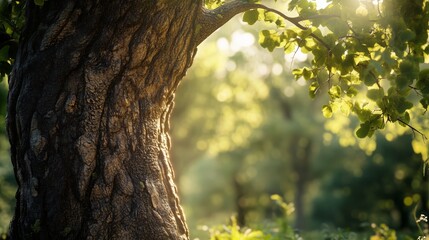 Obraz premium Sunlight filters through leaves highlighting the textured bark of an ancient tree in a tranquil forest setting during golden hour