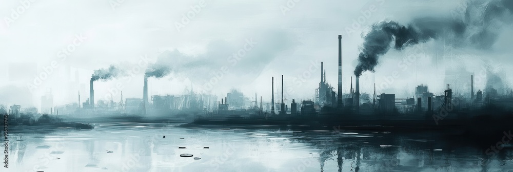 Poster heavy smog envelops a bustling metropolis, highlighting factory silhouettes and a river burdened by 