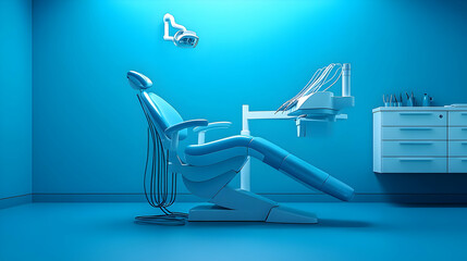 A modern dental clinic with a blue theme and dental chair.