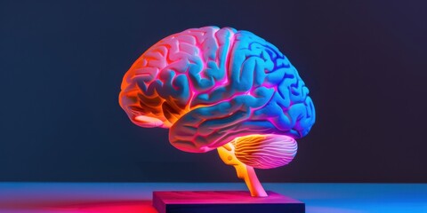 A side view of a human brain model with colorful lighting to emphasize different regions