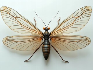 A close-up of a stunning intricate cicada with translucent wings and vibrant orange eyes against a neutral background.