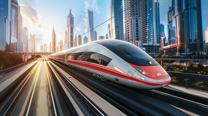 Modern High-Speed Train Racing Through a Cityscape