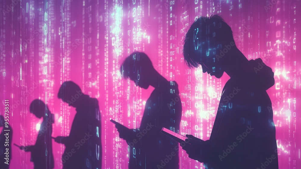 Poster individuals with bowed heads focus on their smartphones while immersed in a virtual world, feeling t