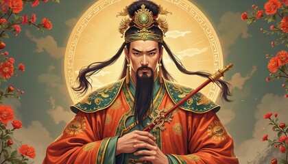 A majestic Asian male figure in ornate traditional attire, exuding strength and wisdom, surrounded by blooming red flowers.