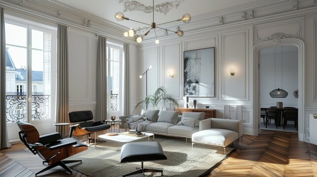 Modern Living Room with Large Windows and Chic Furniture in a Parisian Apartment