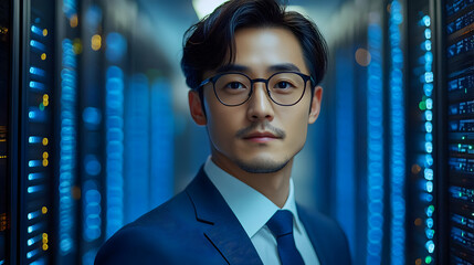 A professional individual in a data center, showcasing technology.