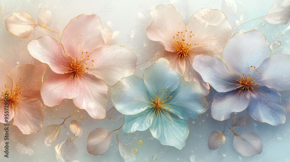 Wall mural Delicate Pastel Flowers with Golden Accents