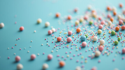 colorful sprinkles scattered across an isolated muted aqua marine background