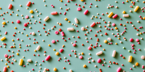 colorful sprinkles scattered across an isolated muted aqua marine background