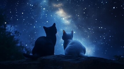 Two cats gazing at a starlit night sky filled with galaxies and stars in a tranquil outdoor setting
