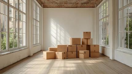 A room with stacked cardboard boxes, suggesting moving or storage.