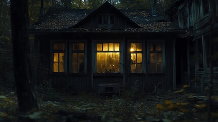 night scene small house in the woods