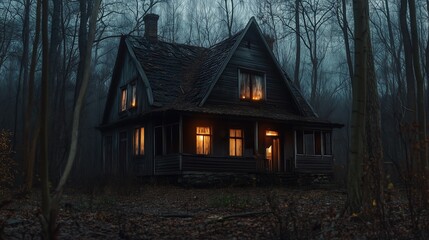 night scene small house in the woods