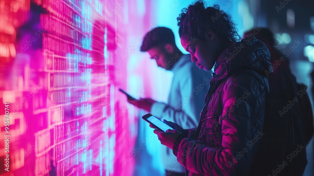 Aufkleber individuals focus on their smartphone screens, surrounded by colorful digital numbers, portraying a 