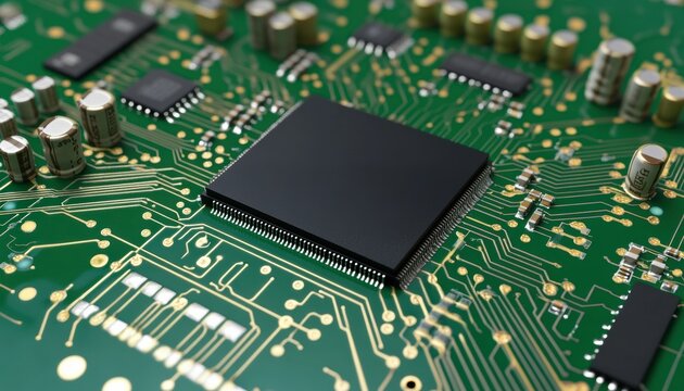 Green circuit board with black microchip