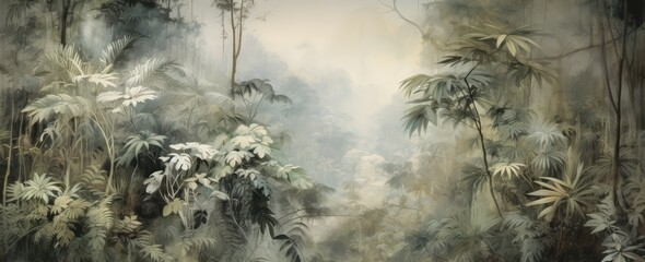 Painting of a jungle landscape. Watercolor pattern wallpaper in vintage retro style. Abstract art concept. Lush, green rainforest with big trees and leaves.