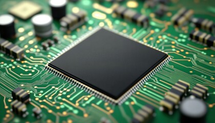 Green circuit board with black microchip