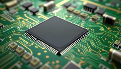 Green circuit board with black microchip