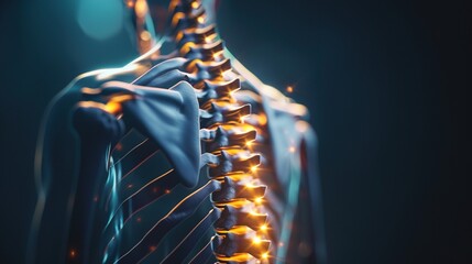 Glowing Human Spine with Visible Ribs and Shoulder Blade