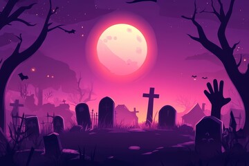Purple themed Halloween wallpaper of a graveyard. Haunted cemetery and dark forest landscape. Zombie, horror, grave, full moon, bat, undead, seasonal Halloween background pattern concept.