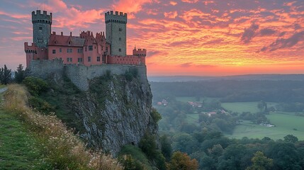 Majestic castle a hill overlooking a peaceful valley under a dramatic sky