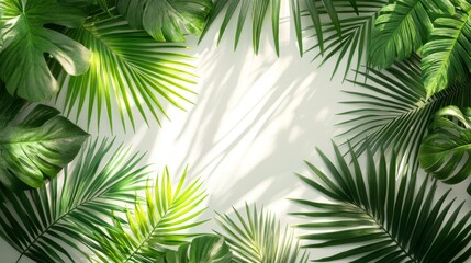 Obraz premium Lush Green Tropical Leaves Bordering a White Surface