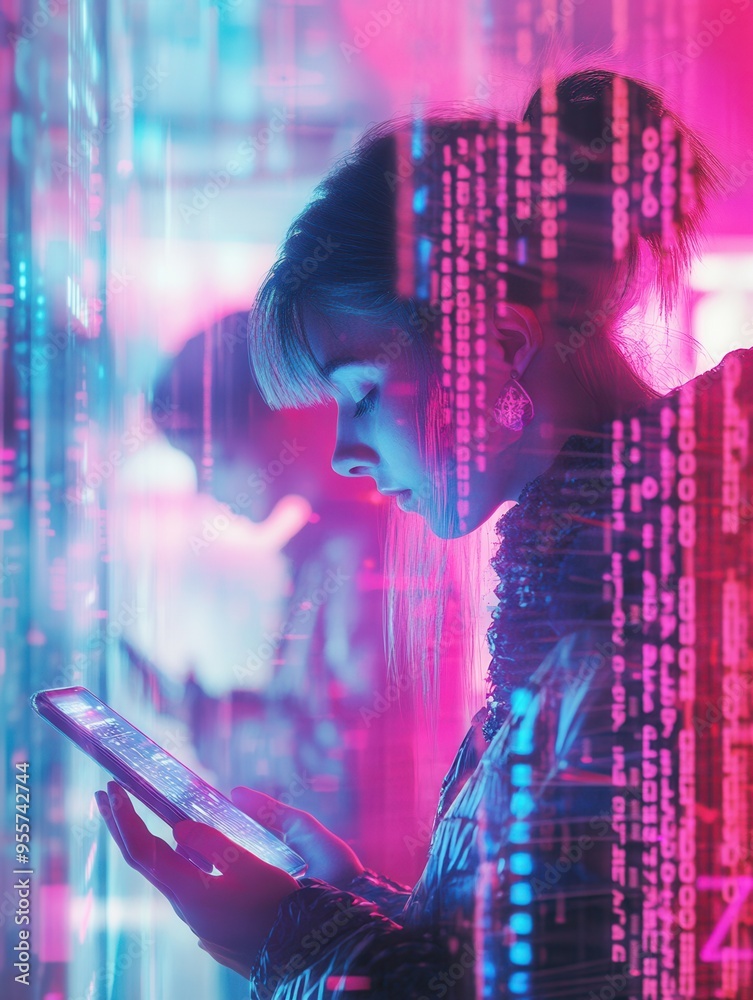 Poster people stare intently at their smartphones, surrounded by glowing digital numbers, highlighting a se