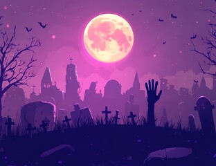Fototapeta premium Purple Halloween haunted landscape depicting a graveyard or cemetery in a dark forest at full moon at night with a zombie hand coming out of the ground. Spooky Halloween season background wallpaper.