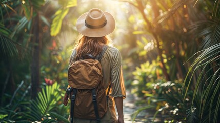A traveler wearing a hat walks through a lush, sunlit tropical jungle path, surrounded by vibrant green foliage..
