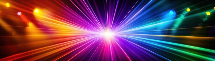 Fototapeta premium Dazzling light rays fanning out from a central source, rainbow colors, dramatic concert setting, vibrant and energetic