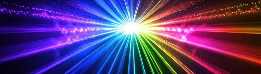 Naklejka premium Dazzling light rays fanning out from a central source, rainbow colors, dramatic concert setting, vibrant and energetic