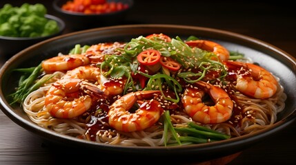 A tantalizing dish featuring shrimp and noodles, garnished with fresh vegetables, sesame seeds, and drizzled with a savory sauce.
