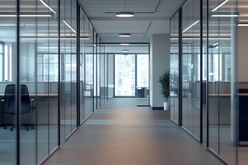Modern Office Hallway with Glass Partitions
