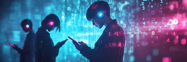 Individuals with bowed heads are engrossed in their smartphones as digital numbers and codes create a sense of isolation in the virtual space. Generative AI