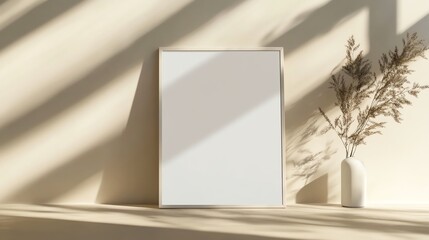 White Frame, Dried Flowers, and Sunlight Shadows on a Beige Background