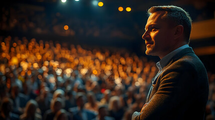 A speaker addresses a large audience at an event.