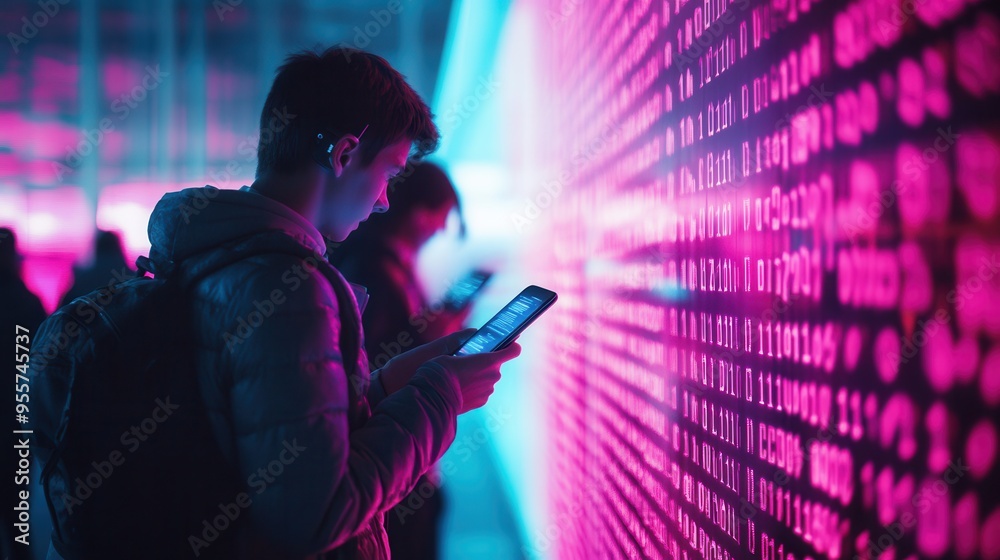 Poster two people focus on their smartphones, surrounded by digital numbers, illustrating isolation in a te