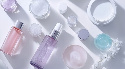 A collection of beauty products including jars and bottles arranged neatly on a light surface, emphasizing facial skincare essentials