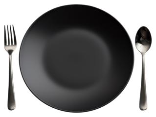 PNG Empty black plate spoon fork knife.