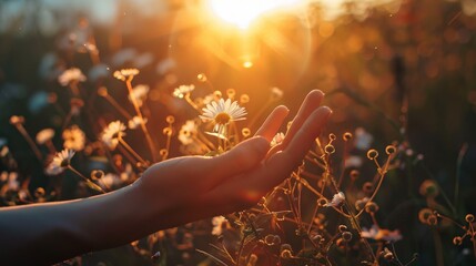 A hand gently holding a daisy flower, illuminated by the warm and soft light of a sunset, symbolizing peace and connection to nature..
