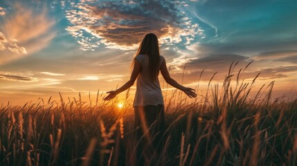 A woman stands in an open field, arms outstretched, embracing the warmth and beauty of a sunset, symbolizing freedom and peace..
