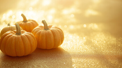 small and medium-sized pumpkins with smooth and slightly rough textures against an isolated gold glitter background